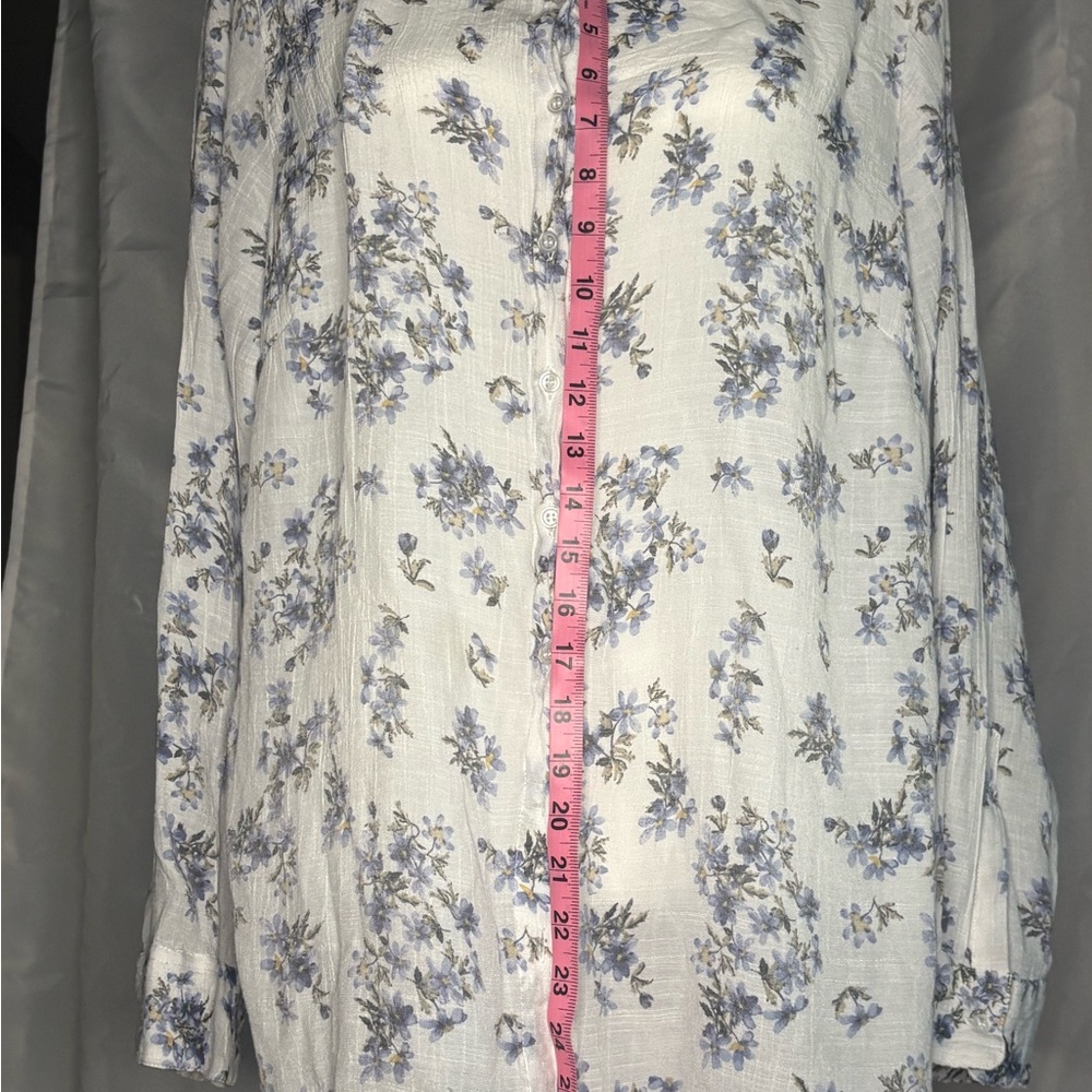 Cottagecore Blue Floral Button Down Blouse - Textured Boho Long Sleeve Shi - Picture 2 of 4